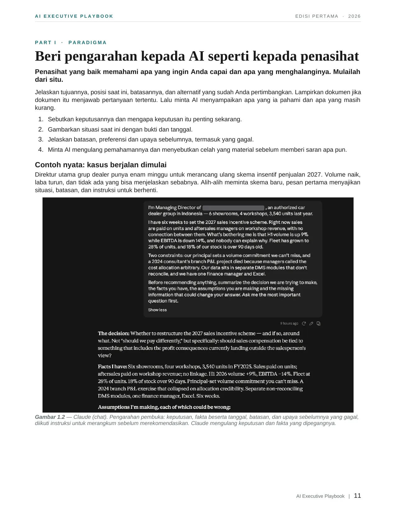 Halaman 11 AI Executive Playbook: bab "Beri pengarahan kepada AI seperti kepada penasihat", dengan tangkapan layar sesi Claude.